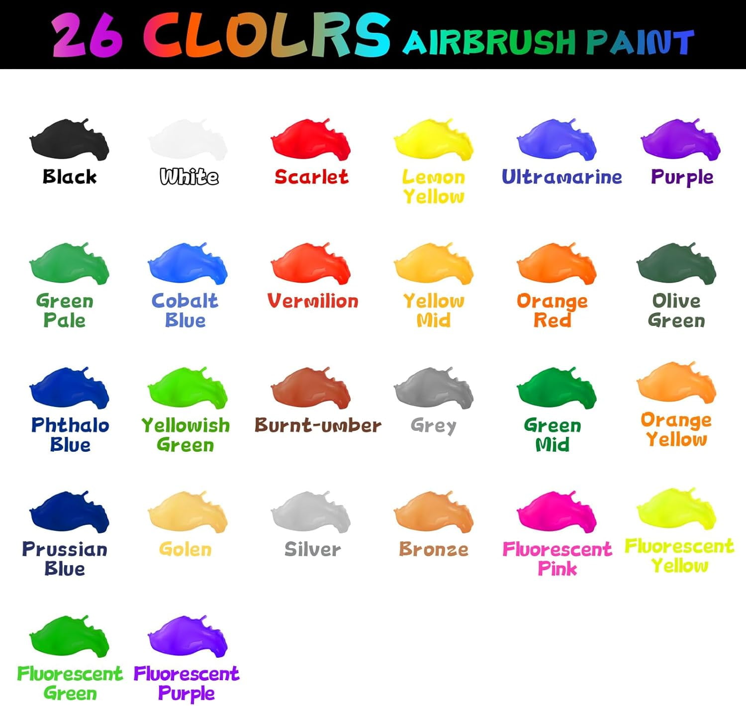 Airbrush Paint, 26 Colors with 2 Thinner Airbrush Paint Set, Water-Based Air Brush Painting 0.67 oz, Brilliant Colors Acrylic Airbrush Paint for Nails, Aetists, DIY, Hobbyist, Beginners, 20ml/Bottle