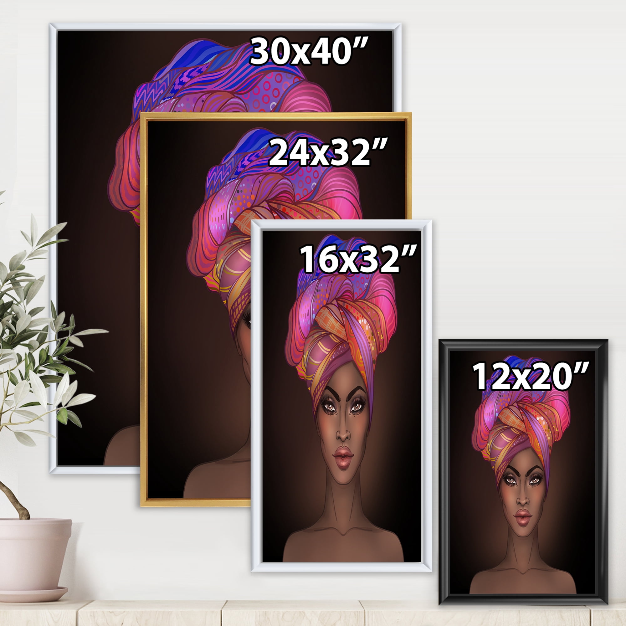 Designart 'African American Woman Portrait with Turban VI' Modern Framed Canvas Wall Art Print