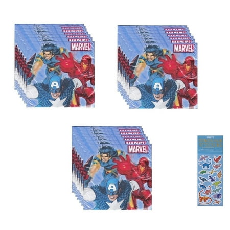 Marvel Heroes Avengers Birthday Party Supplies Bundle Pack includes 48 Party Paper Napkins 2-Ply 5", 1 Dinosaur Sticker Sheet