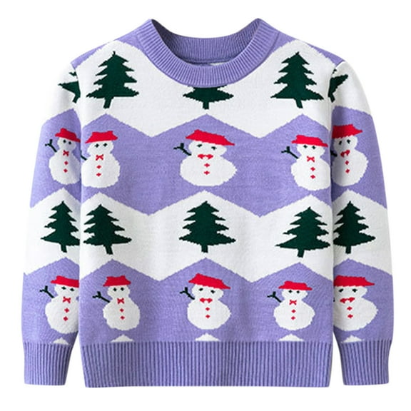 SUXIAN Toddler Sweater Christmas Cartoon Tree Snowman Prints Long Sleeve Warm Knitted Pullover for Boys Girls Purple 5-6 Years