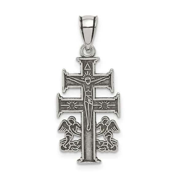 Handcrafted Oxidized Sterling Silver Caravaca Crucifix Cross Pendant for Men and Women with Double Cross and Angels Spiritual Christian Necklace Faith Jewelry Accessory