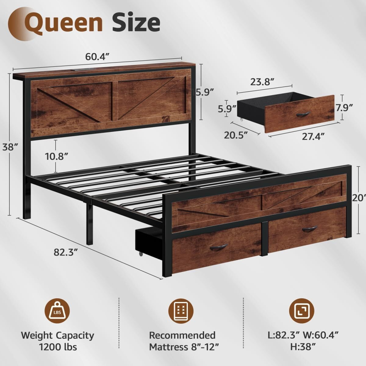 Queen Size Bed Frame with Storage Drawers & Barn Door Headboard, Industrial Farmhouse Platform Bed with LED Lights & Charging Station, No Box Spring Needed (Brown)