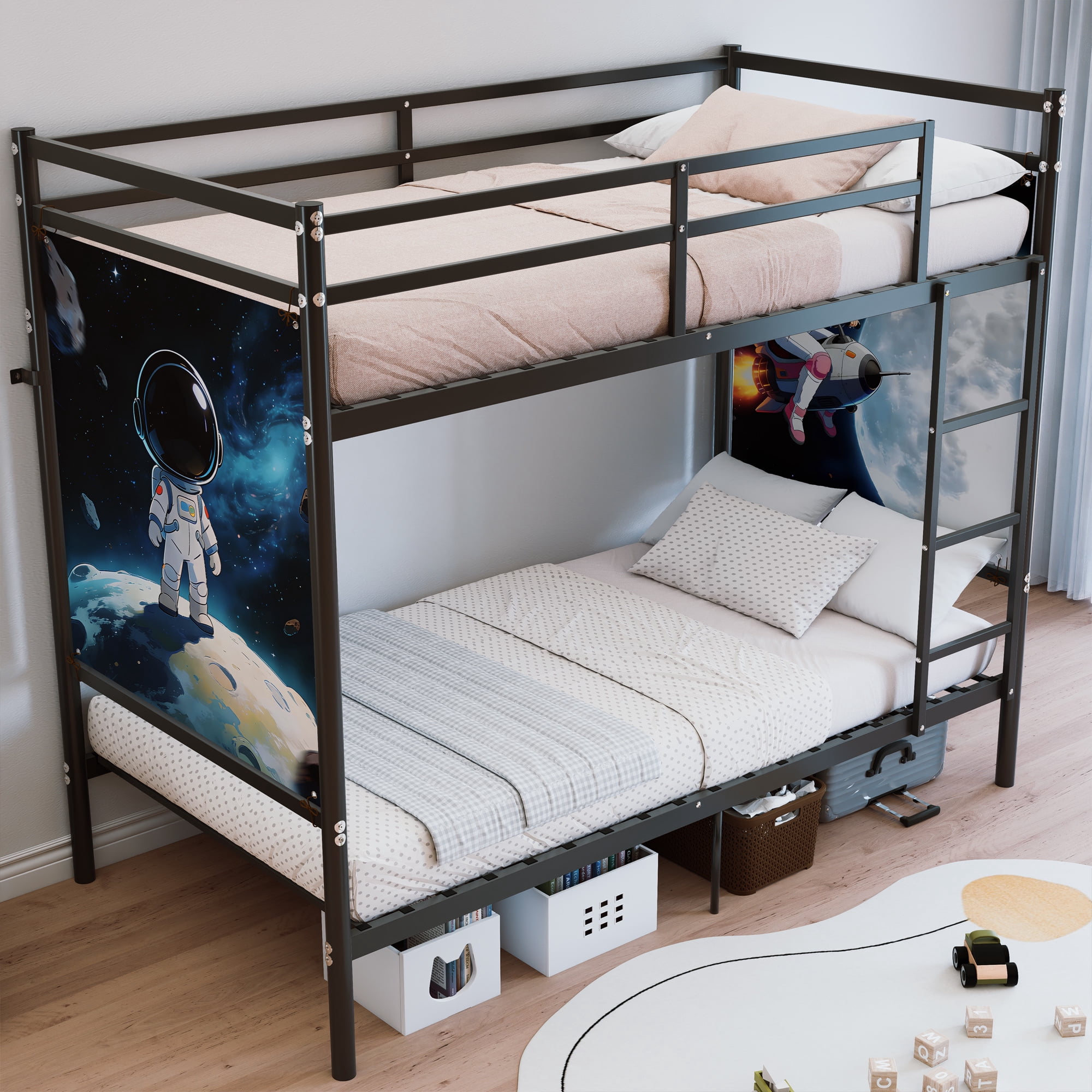 avobird Twin Over Twin Metal Bunk Bed with Ladder High Guardrails, Heavy Duty Iron Frame Noise-Free Design, Under Bed Storage, No Box Spring Needed, Posters Black