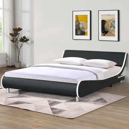 BTMWAY Queen Size Faux Leather Upholstered Platform Bed with Headboard  Wood Slat Support  New Upgraded Curve Upholstered Platform Bed Frame  250lbs Capacity  No Box Spring Needed  Black&White