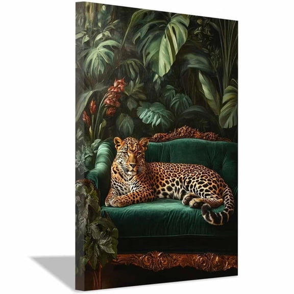 Mudket Framed Leopard on Green Velvet Sofa Canvas Wall Art, Luxury Jungle Animal Print Wall Decor, Ready to Hang for Living Room - 12"L x 8"W