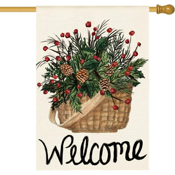 Welcome Holly Red Berries Garden Flag 28x40 Inch Double Sided, Winter Christmas Farmhouse Yard Outdoor Decoration