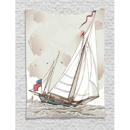 Antique Yacht Vintage Tapestry, Illustration of a Retro View of Antique American Yacht with Flags Ocean, Wall Hanging for Bedroom Living Room Dorm Decor, 40W X 60L Inches, Light Grey Tan White, by Ambesonne ()