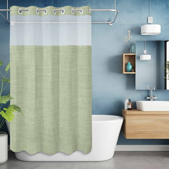 No Hook Shower Curtain with Snap in Liner, Vintage Sage Green Linen Style Waterproof Bath Curtain Double Layers with See Through Top Window, Country Pastoral Solid Color Hotel Shower Curtains 36x72in