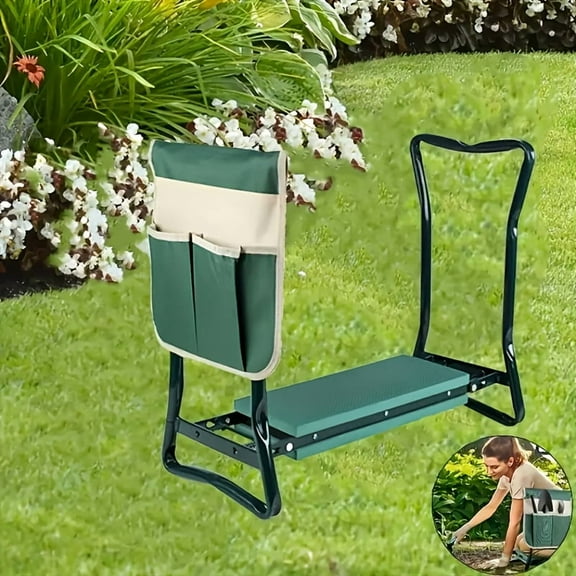 Heavy-Duty Foldable Garden Kneeling Chair and Seat with Heavy Metal Frame, Two Large Tool Bags - Green Fabric Outdoor kneeling stool for Gardening, Fishing, Lawn Care
