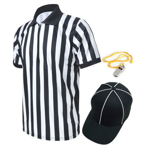 Toptie Sportwear Men's Pro-Style Referee Set, Umpire Shirt with 1/4 Zip-Up Quarter Zipper, Umpire Hat and Metal Ref Whistle with Lanyard-XL