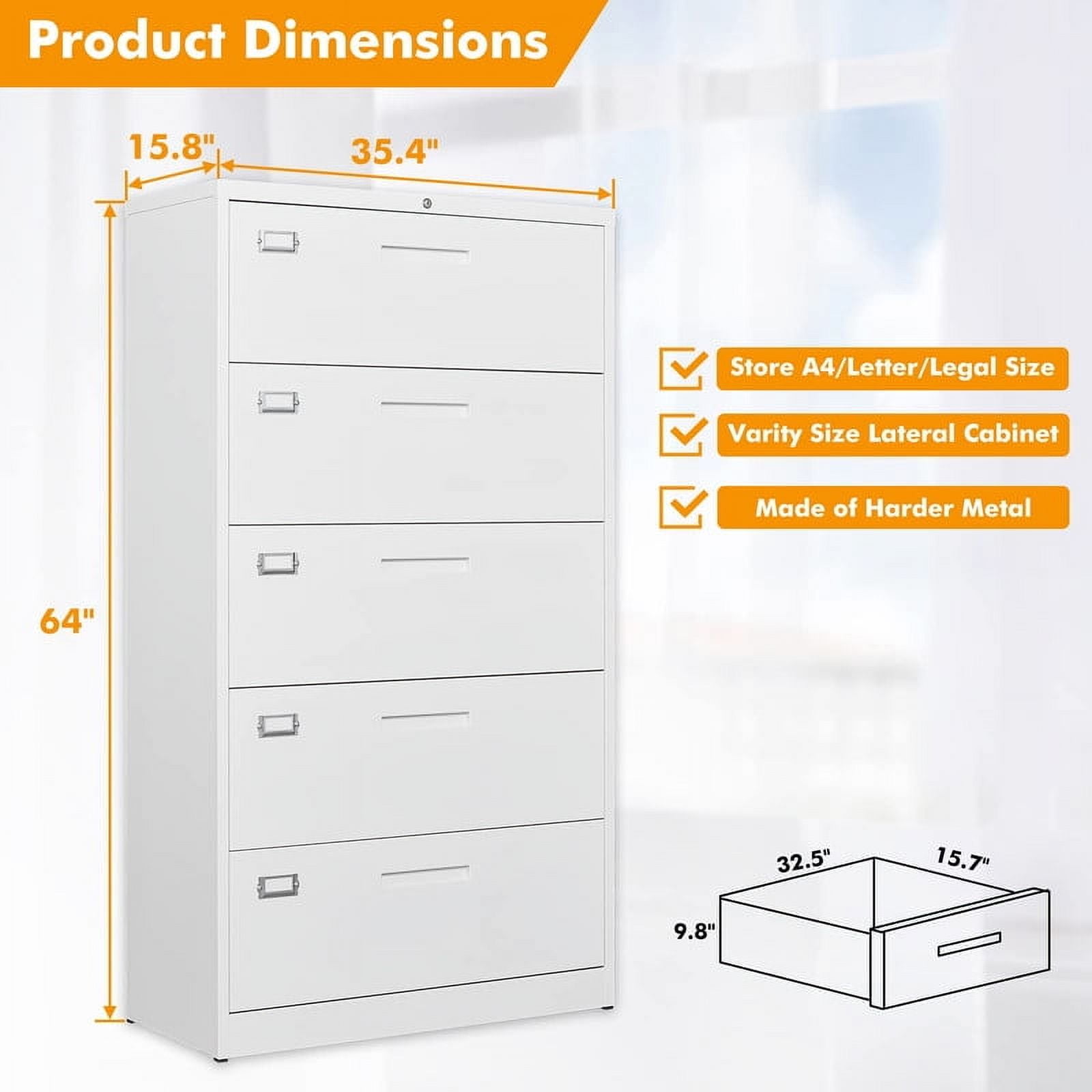 MIIIKO 5 Drawer File Cabinet with Lock, 5 Drawer Metal Filing Cabinet, Lateral Filing Cabinet with Lock for Home Office, Lockable Storage Cabinet for Hanging Files Letter/Legal/F4/A4 Size