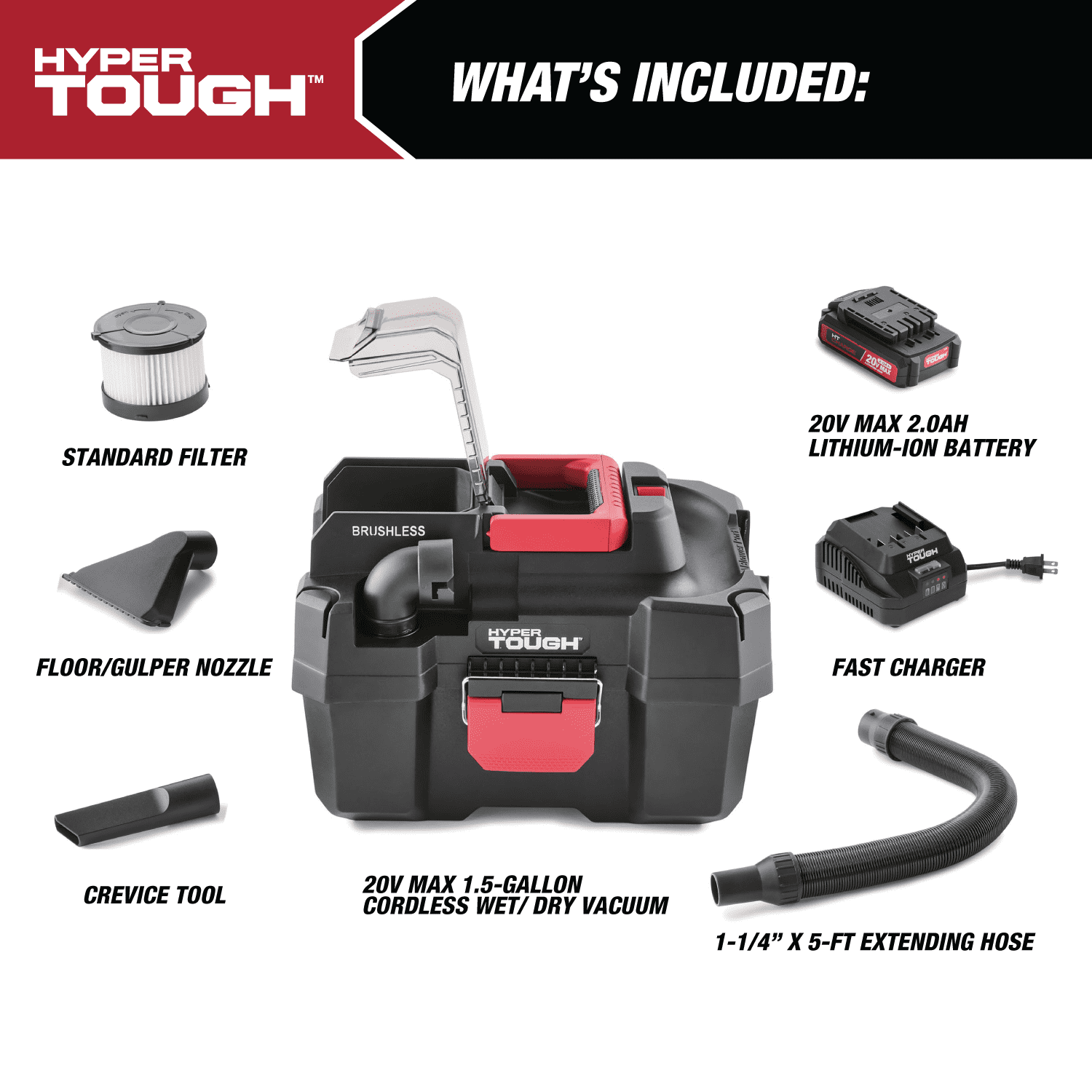 Hyper Tough 1.5 Gallon Wet Dry Vac, 20V Max, Brushless Motor, Cordless, Battery and Charger Included