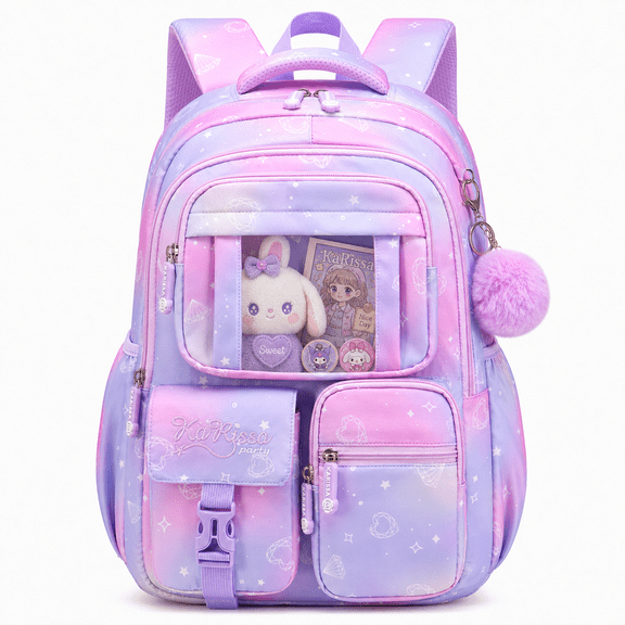 MEHOOM Girls Backpack for School, Kids Bookbag for Girls, Kawaii School Bag with Clear Display Pocket, Large Capacity Elementary Middle School Backpack, Purple Gradient