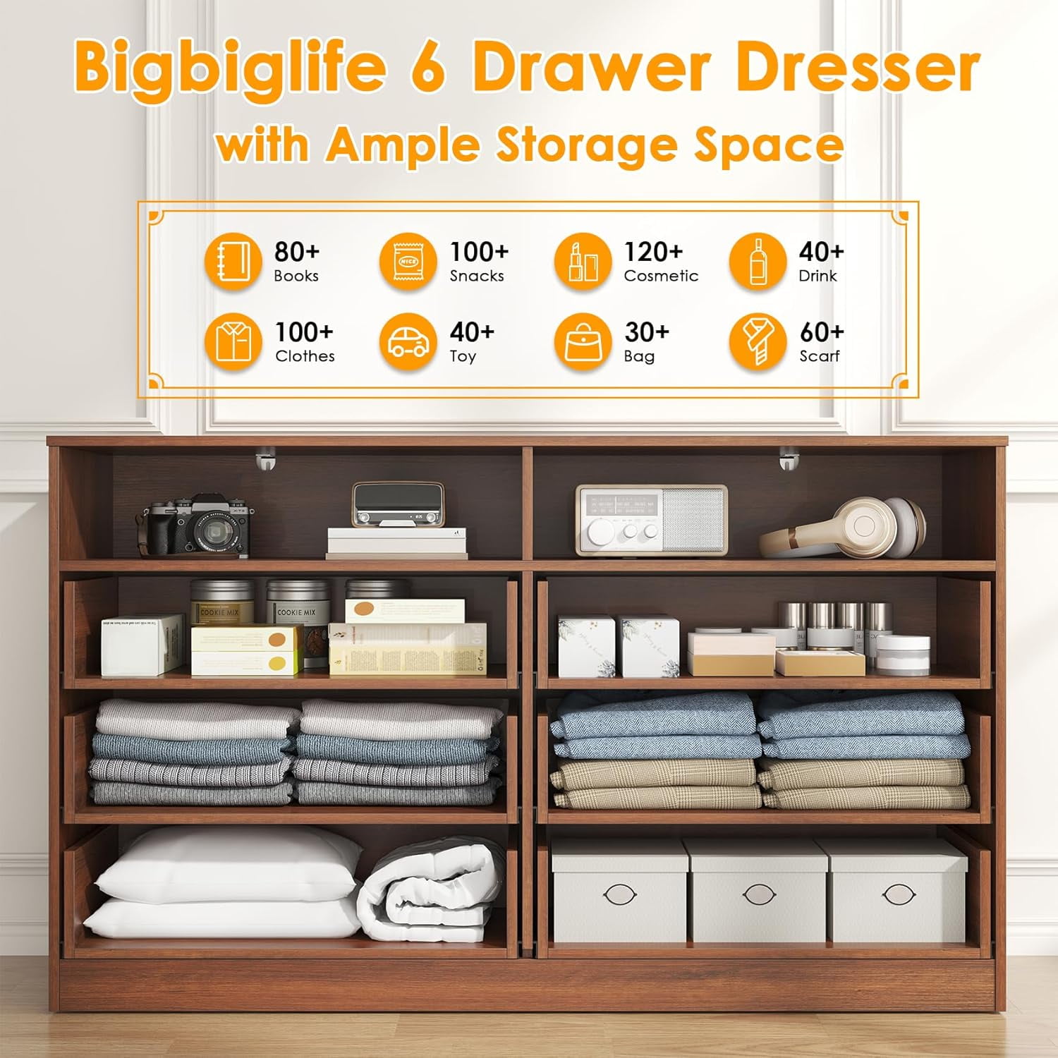 Frmobepts Wood Dresser for Bedroom, 6 Drawer Dresser with Open Storage Cubby,Brown