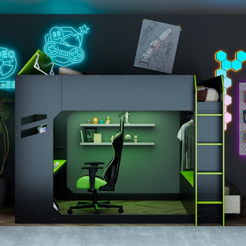 Full Size Wood Loft Bed with Height Adjustable Desk, RGB LED Lights & Storage Drawers, Gaming Loft Bed Frame with Headboard Cabinet, Hanging Rod for Bedroom