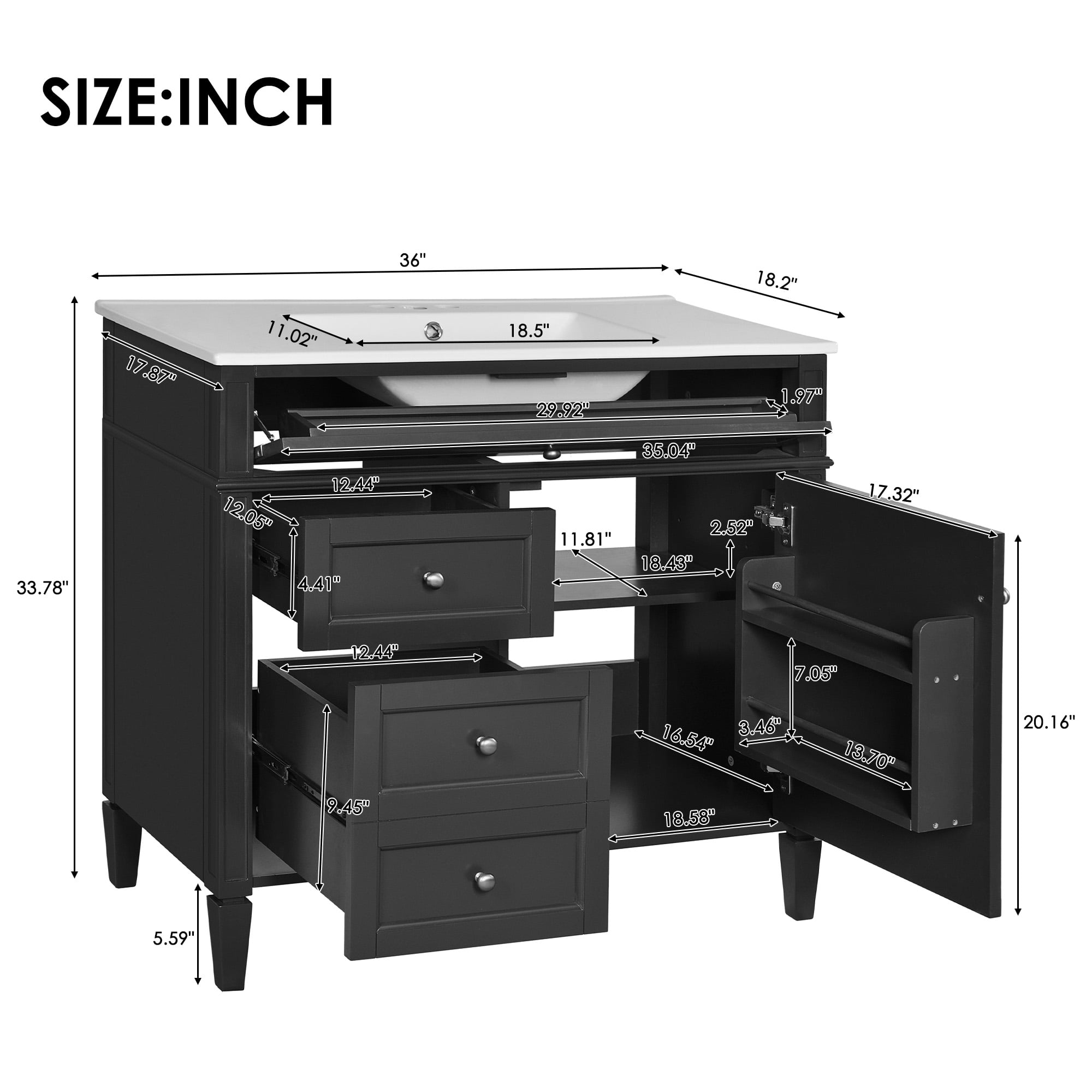 Harper & Bright Designs 36" Bathroom Single Vanity Sink Combo with Storage, Bathroom Floor Cabinet with Drawers and Doors, Black