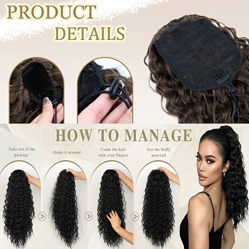 1pc, black 18 inches, synthetic ponytail, long African curly, fluffy, deep curls, fashionable drawstring ponytail for women, easy to wear every day