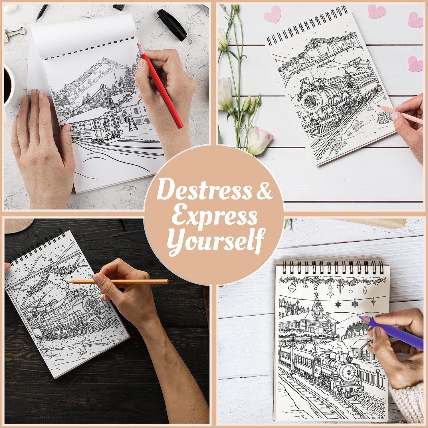 Netecom Christmas Train Coloring Book Spiral Bound for Adults, A5 Wooden Cover, 30 Enchanting Coloring Pages of Magical Train to the North Pole for Stress Relief and Relaxation
