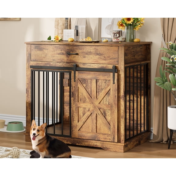 37.8" Heavy Duty Dog Crate Furniture with Tabletop - Chew-Proof Metal Wood Style Side Table with Storage, Indoor Kennel for Medium Dogs Up to 35 Lbs