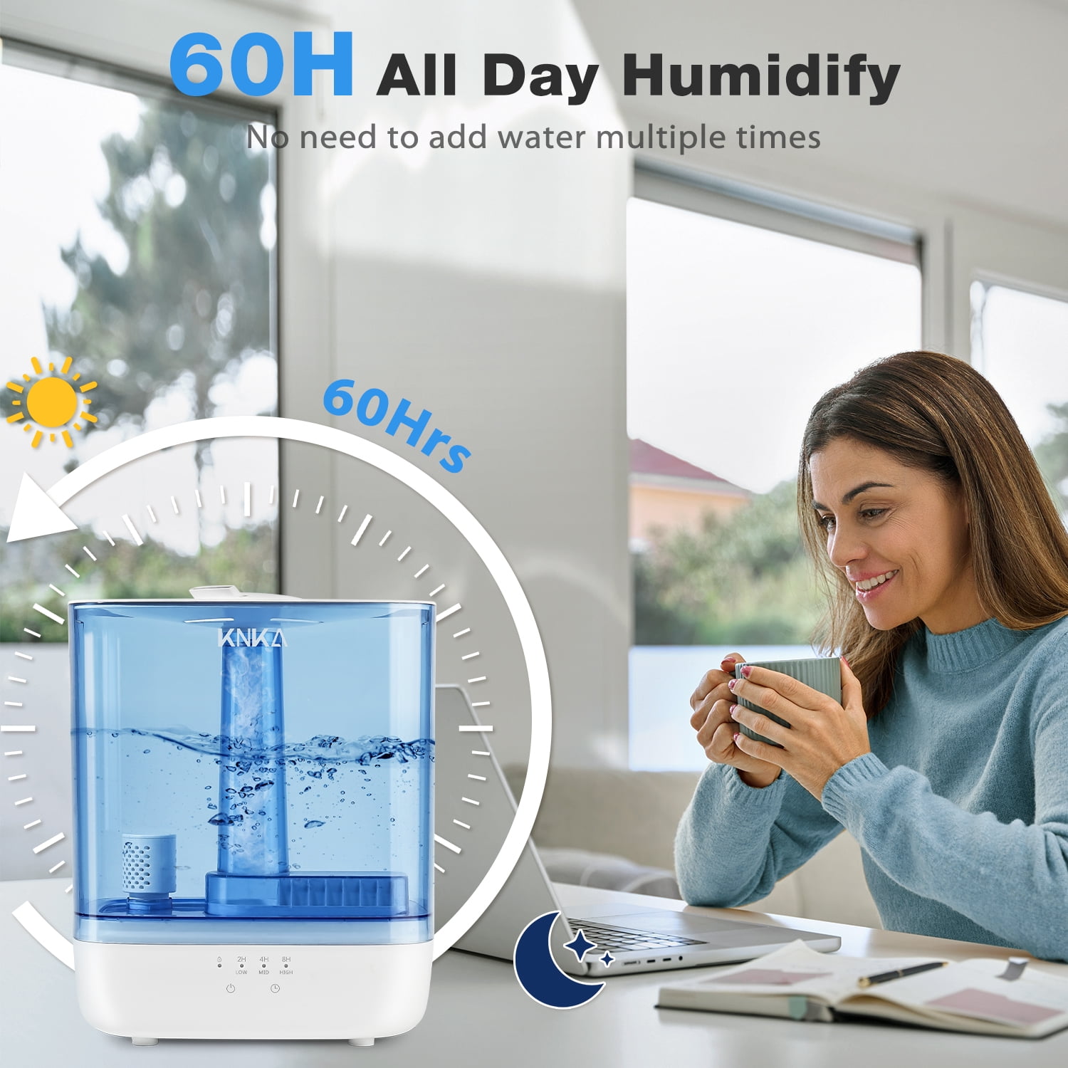 KNKA Humidifier, 6L Humidifier for Room, Cool Mist Humidifier for Home, Baby, and Bedroom, Quiet, Top-Fill, 360° Nozzle, 60-Hour Runtime, White