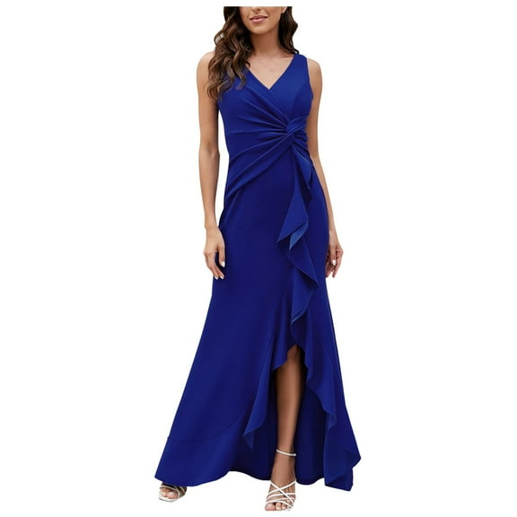 Yindaity Long Black Evening Gowns for Women Formal Dresses for Women Evening Party Elegant V Neck Sleeveless Split Wrap Blue,M