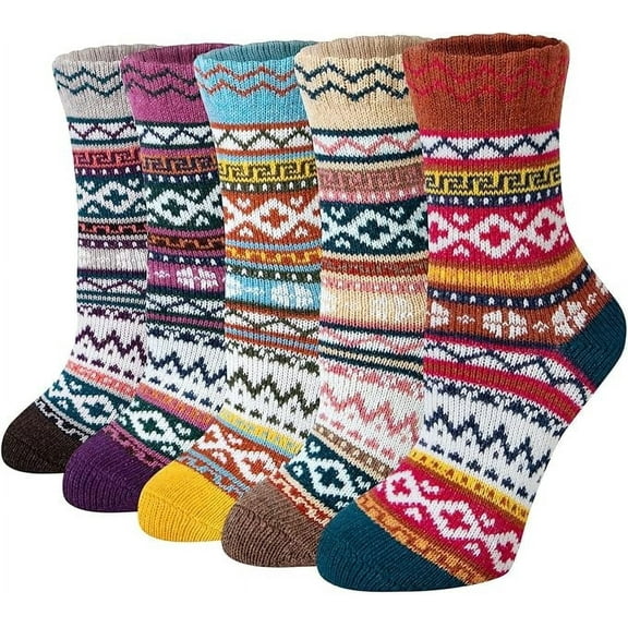 5Pack Winter Womens Socks, Soft Warm Thick Knit Wool Crew Socks, Casual Vintage Socks for Women