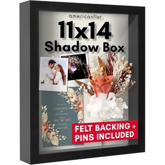 11x14 Shadow Box Frame with Shatter-Resistant Glass - Silhouette Collection - Large Shadow Box Display Case for Tabletop and Wall Display - Black with Soft Felt Back