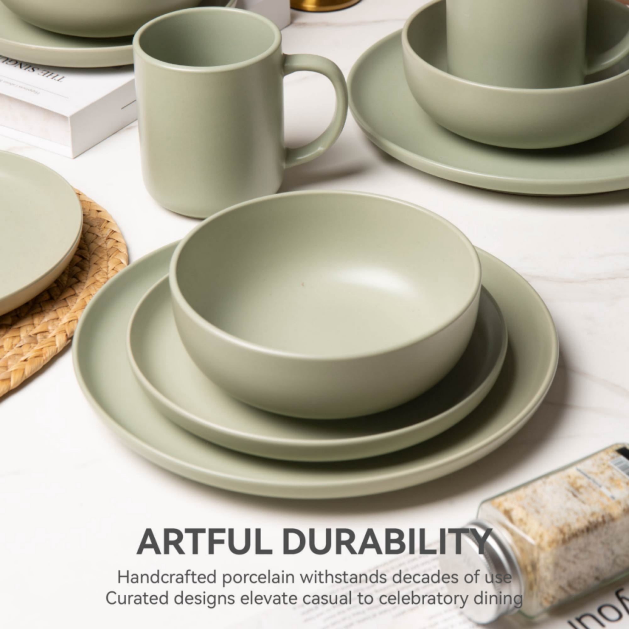 GARITIN 12-Piece Stoneware Dinner Plates Salad Plates Cereal Bowls Set, Microwave Dishwasher Safe Chip Resistant Stackable Matte Glaze Kitchenware Service for 4 Family Dining, Green