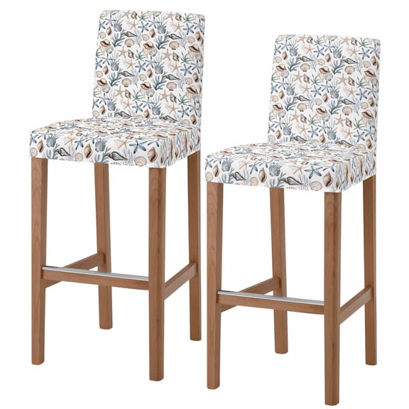 Retro Coastal Bar Stool Covers with Backs Summer Marine Plants Shells Stretch Washable Bar Stool Chair Cover Slipcovers Removable Counter Stool High Chair Covers for Pub Dining Room Set of 2