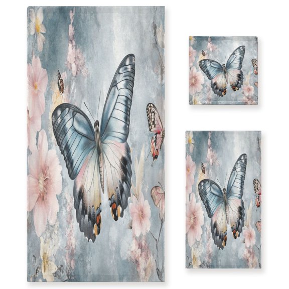 BZSMCE 3piece Bath Towel Sets Hand Bath Towels Fashion Colorful Butterflies and Flowers Printed Towel Sets