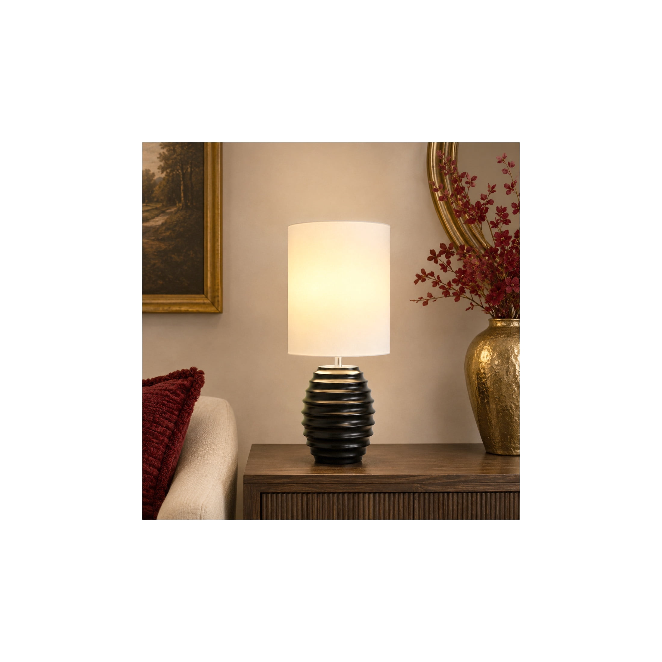 DecMode 24" Handmade Ribbed Black Table Lamp with White Linen Shade
