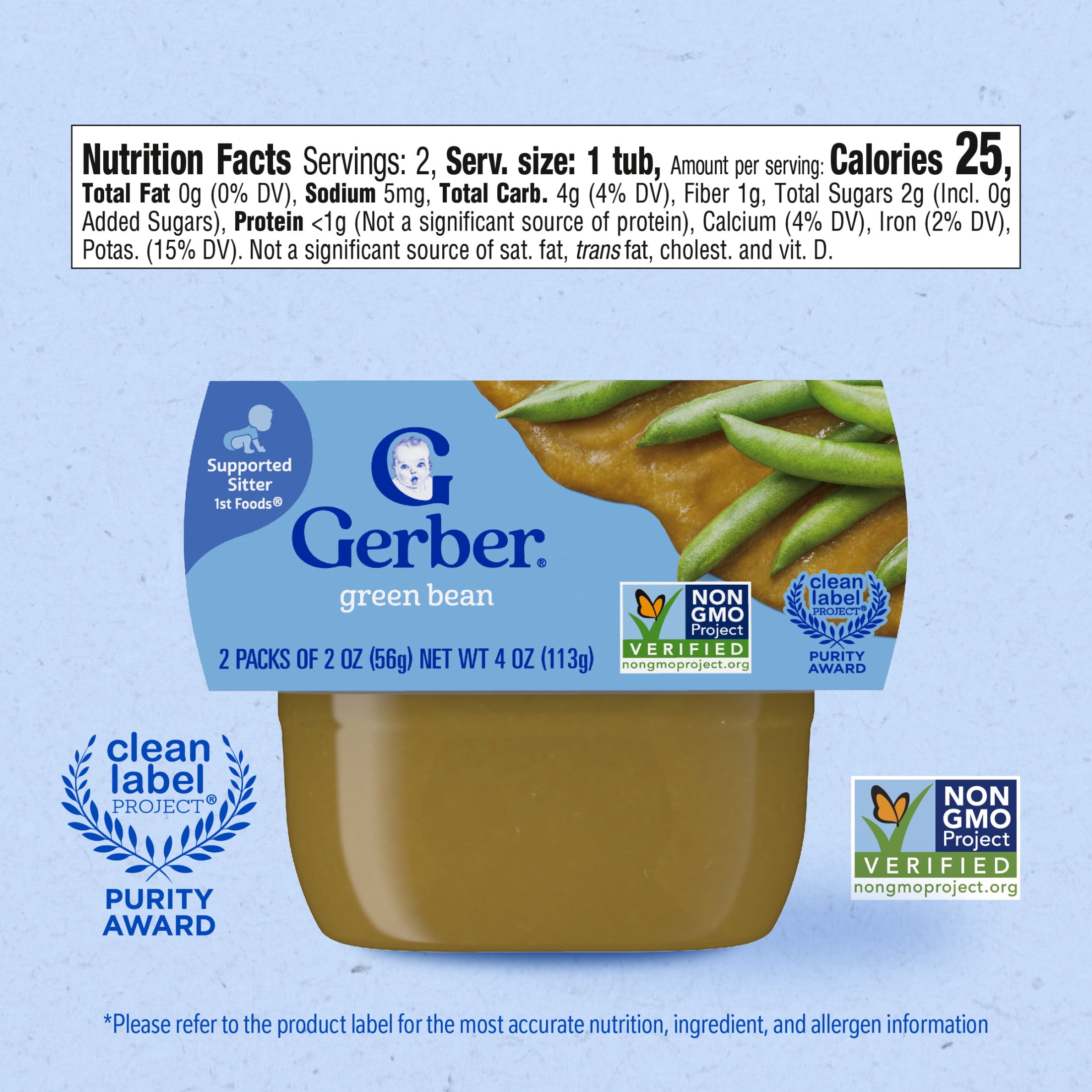 (12 pack) Gerber 1st Foods Natural for Baby Baby Food, Green Bean, 2 oz Tubs (2 Pack)