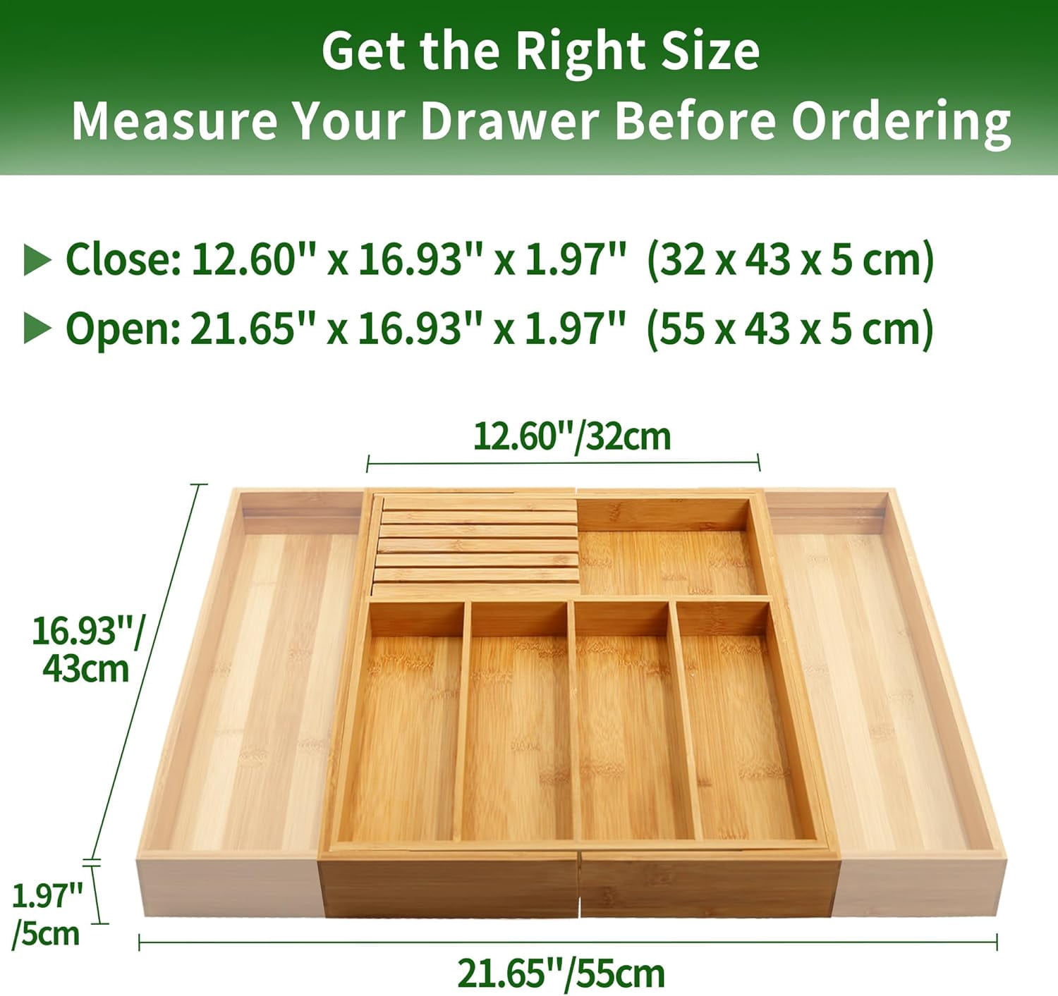 Utoplike Silverware Drawer Organizer Kitchen, Bamboo Cutlery Tray with Knife Block, Expandable Utensil Organizer Wooden