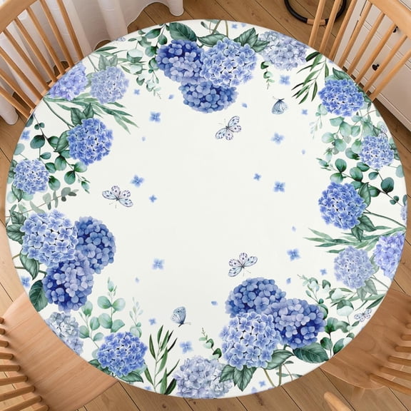 Spring Round Fitted Tablecloth Best for 48"-52" Vintage Floral Table Cloth Elastic Edge Waterproof Stain Resistant Washable Holiday Flower Blue Purple Hydrangea Table Cover for Party Picnic Decor