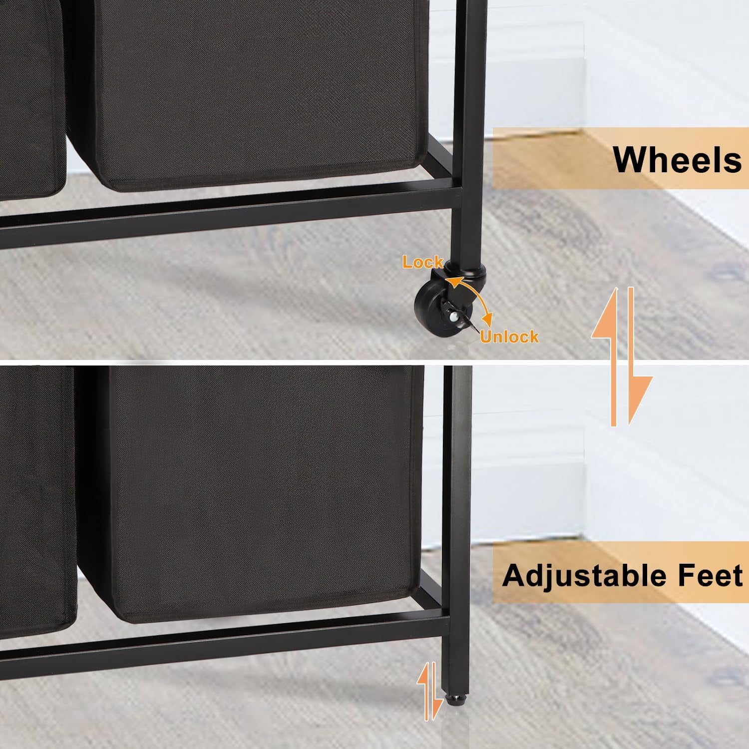 MX-Laundry Hamper, Laundry Sorter, Rolling Laundry Basket with Wheels, 2 Shelves, 18 Gal(68L), Pull-Out and Removable Oxford Fabric Bags, for Laundry Room, Black and Rustic Brown