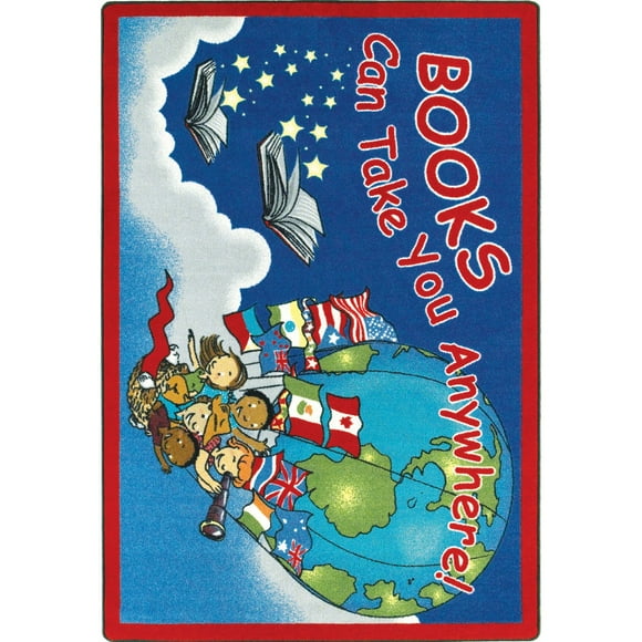 Joy Carpets Kid Essentials Books Can Take You Anywhere 5'4" x 7'8" Oval Indoor Area Rug in Color Sky Blue