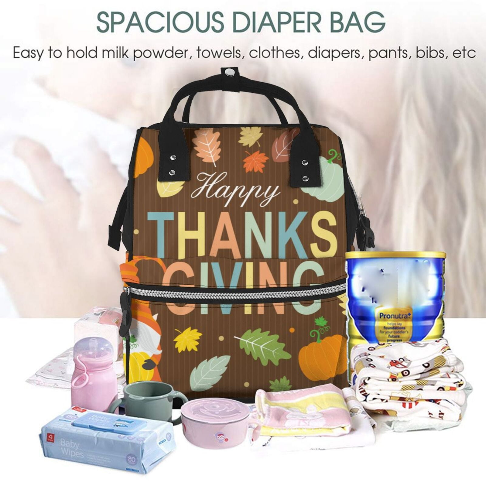 Ratiio Happy Thanksgiving With Gnome Mummy Backpack - Waterproof Twill Canvas, Large Capacity Diaper Bag with Multiple Pockets and Adjustable Straps