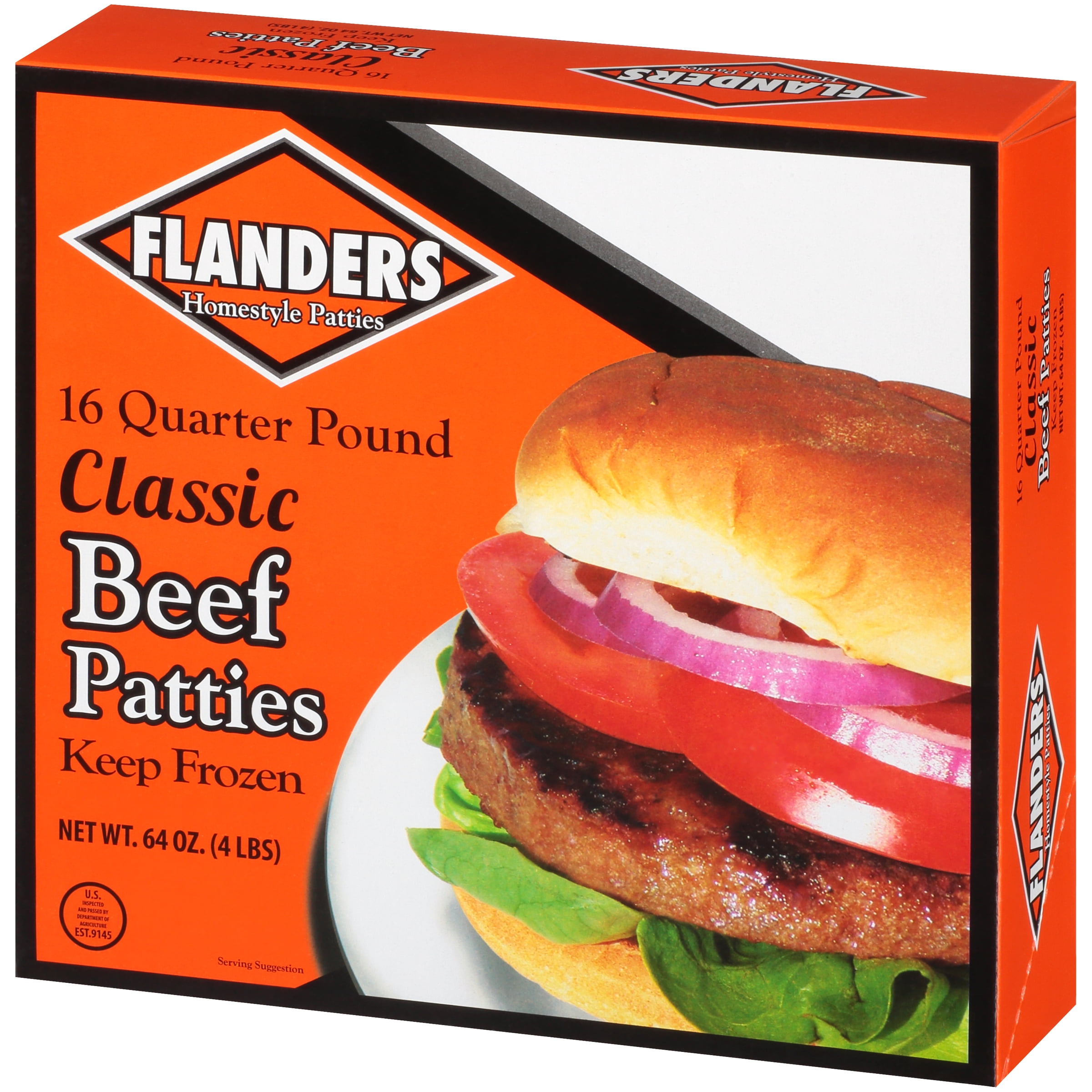 Flanders Homestyle Beef Patties, 16 Quarter Pound Classic Frozen Beef Patties, 64 oz Box