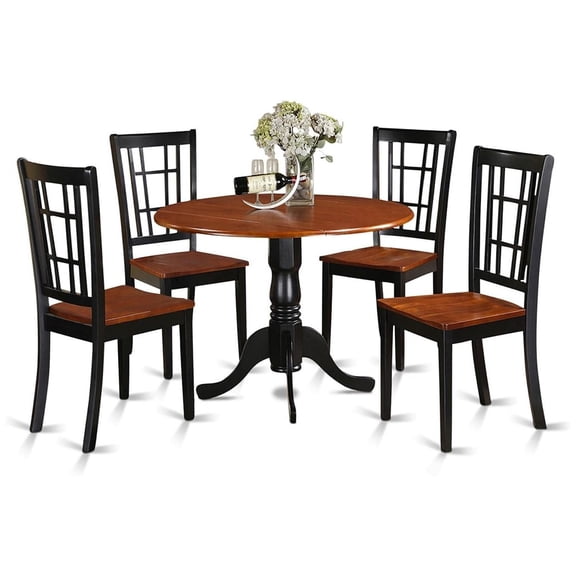 HomeStock 5 Piece Dining Room Table Set Includes a Round Dining Table with Dropleaf and 4 Linen Fabric Upholstered Chairs, 42x42 Inch,Black & Cherry