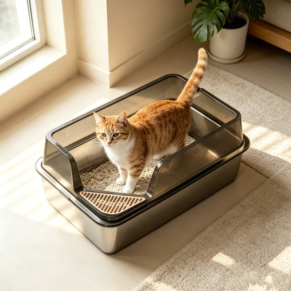 Cat Litter Box with Anti-Splash Guard, Stainless Steel Large Open Top Metal Litter Tray , for Adult Cats, 60×40×27cm