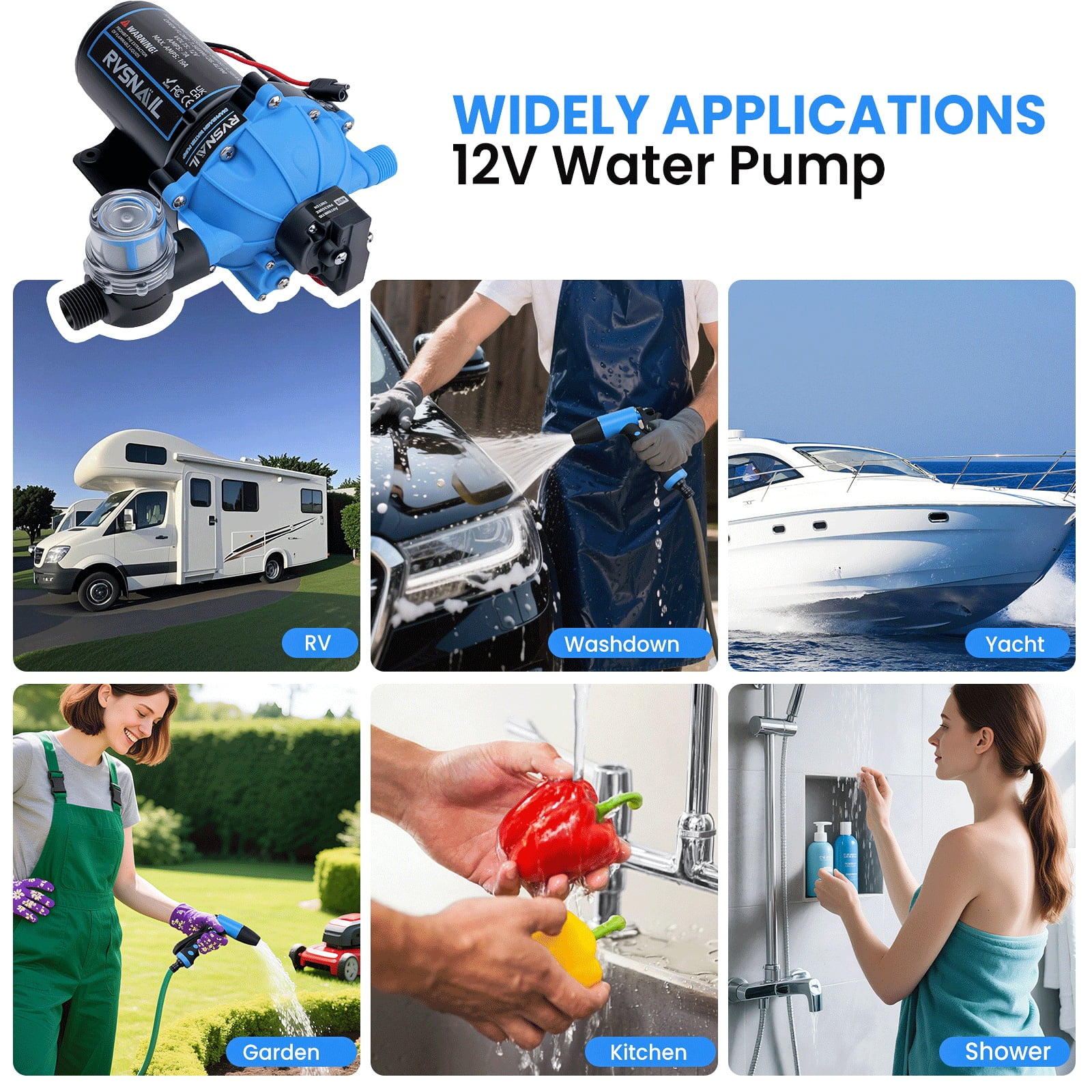 12V RV Fresh Water Pump 7.5GPM 80PSI, RV Water Pump 5-Chamber Self-Priming Diaphragm Pump with Heavy Duty Pressure Switch and Strainer for RV, Marine, Yacht, Caravan