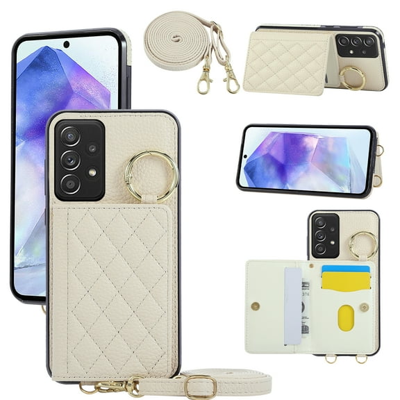 Allytechgroup Wallet Case for Samsung Galaxy A56 5G, with Shoulder Strap/Card Slots/Cash Pocket/Metal Ring Kickstand Magnetic Closure Cover PU Leather Shockproof TPU Bumper Non-Slip Shell, Beige
