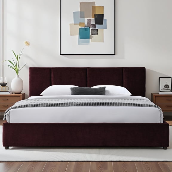 Omax Decor Venice Upholstered Platform King Bed in Burgundy Fabric