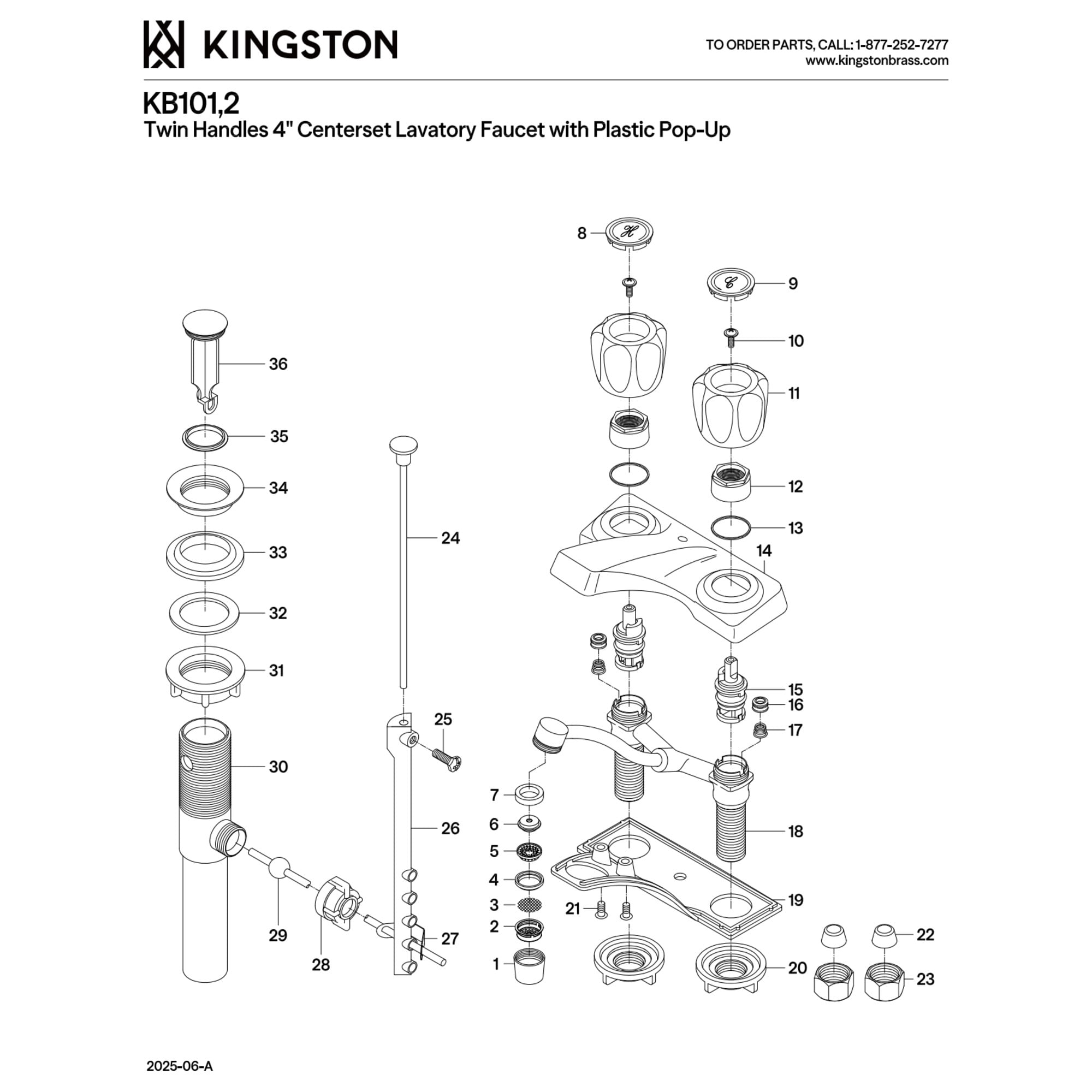 Kingston Brass KB102 Double-Handle 3-Hole Deck Mount 4-Inch Centerset Bathroom Faucet with ABS Pop-Up Drain in Polished Brass