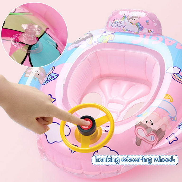 Xmasmate Pool Float Ring for Baby, Inflatable Pink Unicorn Pattern Swimming Float Boat with Steering Wheel Horn Children's Swimming Ring for Babies 6