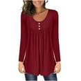 thumbnail image 1 of Kovlvoll Tops for Women Long Sleeve Round Neck Button Pleated Casual Comfy Solid Color Fall Base Shirts, 1 of 6
