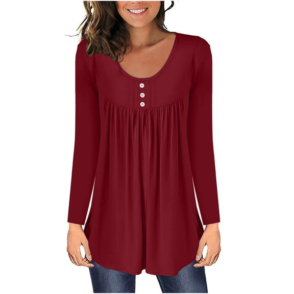 Odeerbi Shirts for Women Oversized T-Shirts Long Sleeve Solid Round Neck Button Pleated Pullover Top Blouse Black