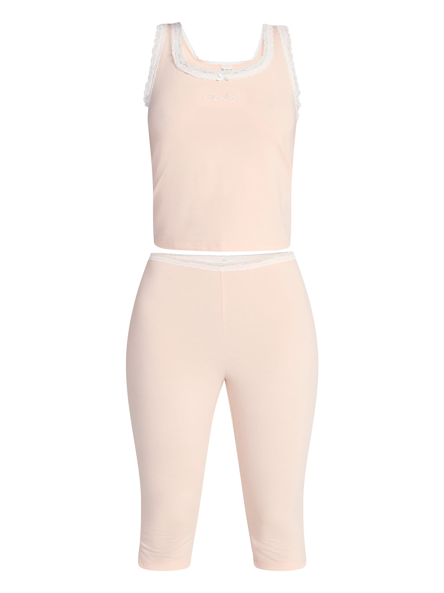 No Boundaries Lace Tank Top and Capri Pants Sleep Set, 2-Piece, Women's XXS-3X