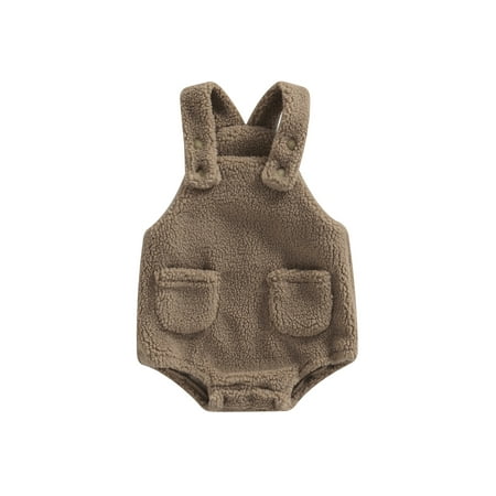 

Gureui Toddler Infant Baby Boys Girls Plush Romper Sleeveless Strap Sling Design Pocket Decoration Bottom Snap Closure Cute Jumpsuit