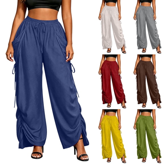 Tbopshirt Pants for Women Plus Size Fashion Solid Color Elastic Waist Pocket Pants,Blue,S-5XL